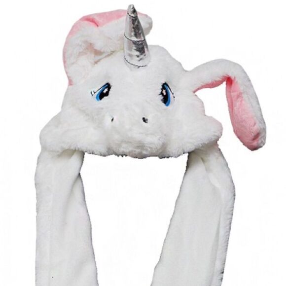 WHITE Plush Funny Unicorn Hat Scarf Squeeze Paw Lift Ear - Picture 2 of 13
